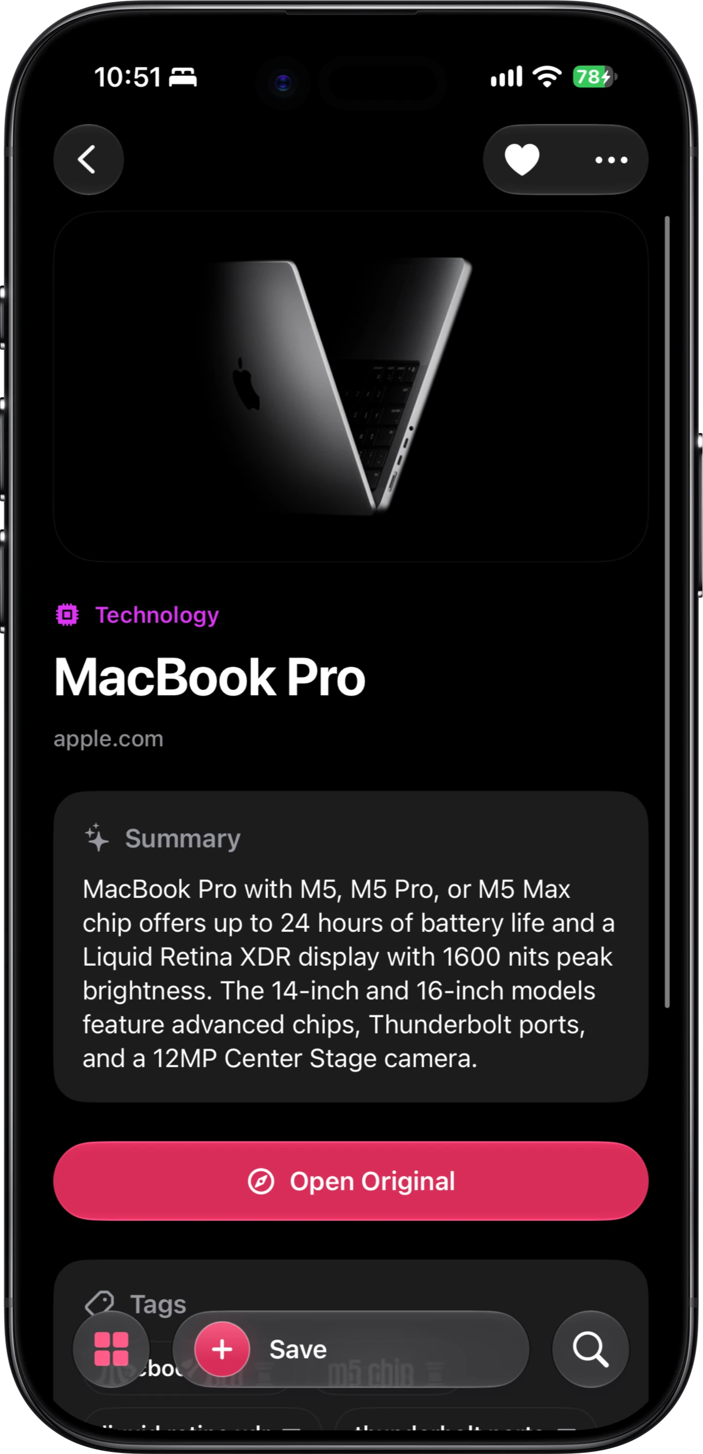 A saved link opened in FaveNest on an iPhone in dark mode: a MacBook Pro product image, the Technology category, the title “MacBook Pro”, apple.com, a Summary paragraph written by Apple Intelligence, an Open Original button and the start of the tags.