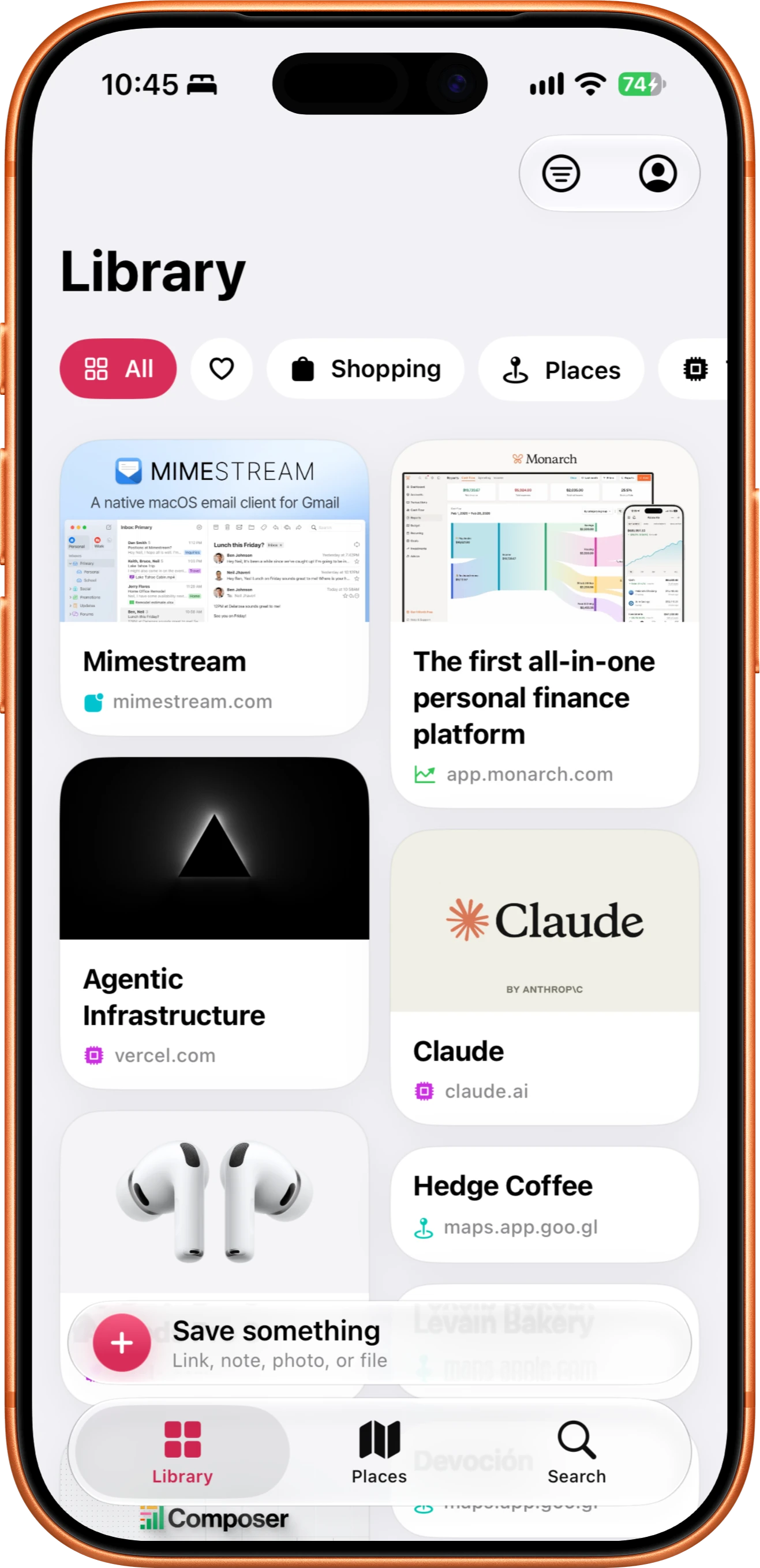 The FaveNest Library on an orange iPhone: a two-column grid of saved cards including Mimestream, a personal-finance app, an article from vercel.com, Claude, AirPods and a café from Google Maps, with category filters above and a Save something button at the bottom.