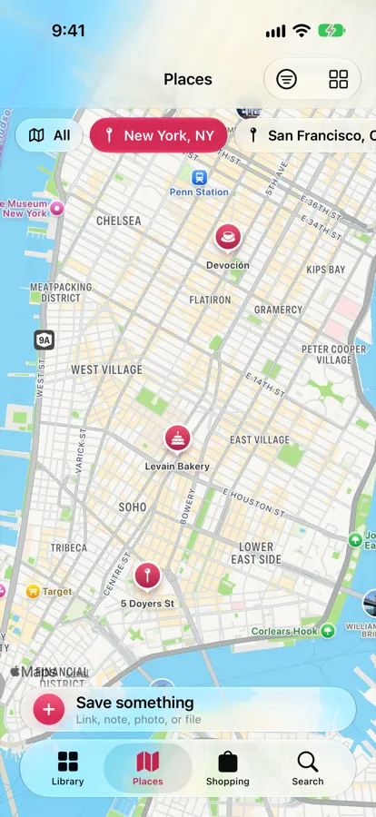 The FaveNest Places map on iPhone filtered to New York, NY, with saved pins for Devoción, Levain Bakery and 5 Doyers St across Manhattan.