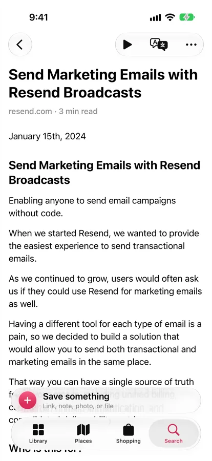 The Resend blog post “Send Marketing Emails with Resend Broadcasts” open in the FaveNest reader on iPhone: the title, resend.com and 3 min read, the date, and the opening paragraphs as plain text.