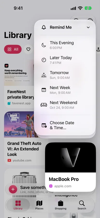 A saved MacBook Pro page lifted out of the FaveNest Library on iPhone, with its menu open at Remind Me: This Evening, Later Today, Tomorrow, Next Week, Next Weekend, and Choose Date & Time.