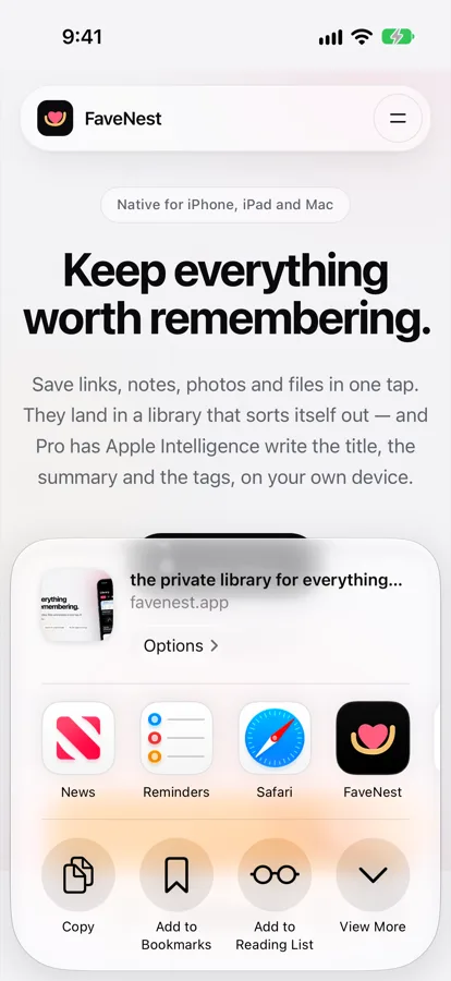 Safari on iPhone showing favenest.app with the share sheet open: the page title, then News, Reminders, Safari and FaveNest in the row of apps, above Copy, Add to Bookmarks, Add to Reading List and View More.